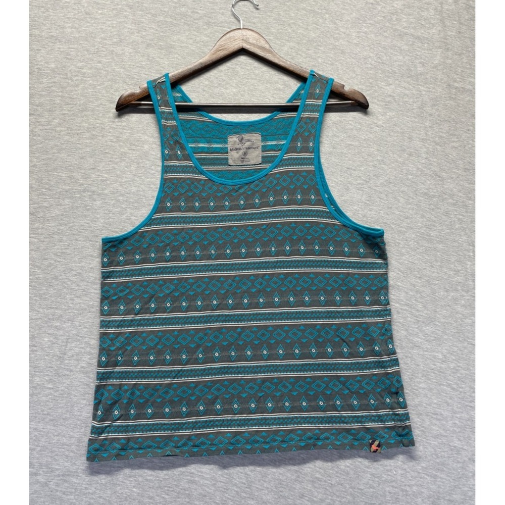 Modern Amusement Tank Top Mens Medium Gray Teal Aztec Geometric Print Sleeveless
